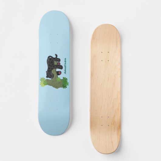 かわいいジャガー黒ヒョウ猫の漫画イラストレーション スケートボード (正面)