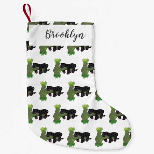 かわいいジャガー黒ヒョウ猫の漫画イラストレーション スモールクリスマスストッキング (正面)