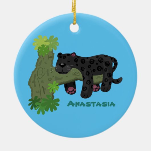 かわいいジャガー黒ヒョウ猫の漫画イラストレーション セラミックオーナメント (裏面)