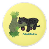 かわいいジャガー黒ヒョウ猫の漫画イラストレーション セラミックノブ (正面)