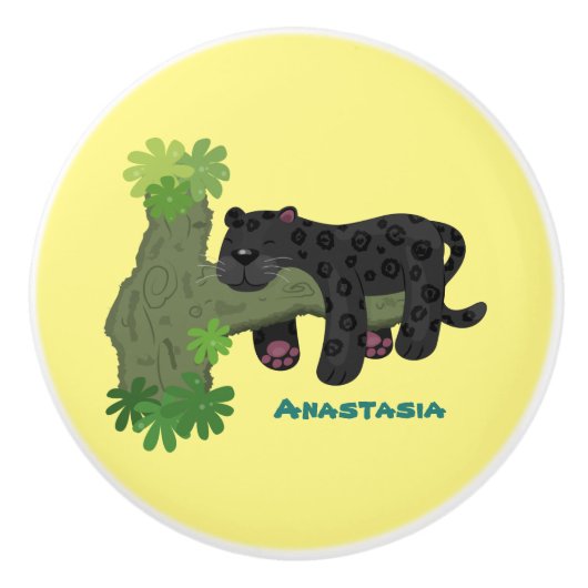 かわいいジャガー黒ヒョウ猫の漫画イラストレーション セラミックノブ (正面)