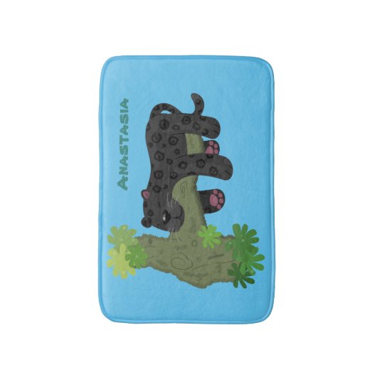 かわいいジャガー黒ヒョウ猫の漫画イラストレーション バスマット (正面縦)