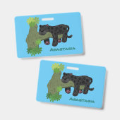 かわいいジャガー黒ヒョウ猫の漫画イラストレーション バッジ (正面＆裏面)