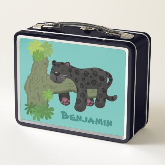 かわいいジャガー黒ヒョウ猫の漫画イラストレーション メタルランチボックス (裏面)