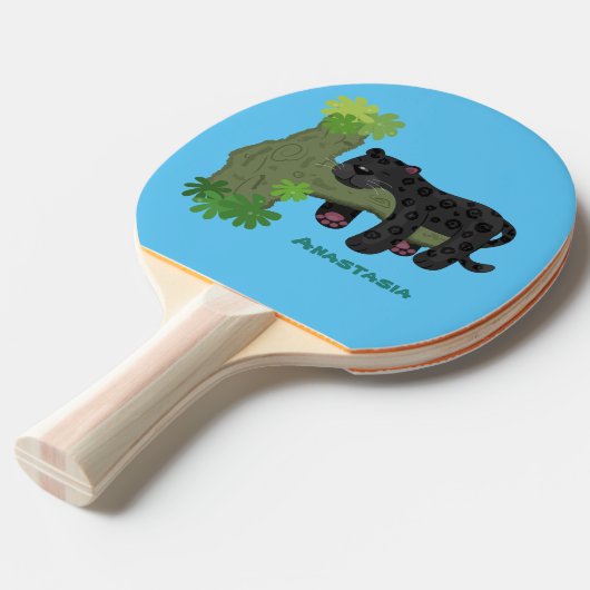 かわいいジャガー黒ヒョウ猫の漫画イラストレーション 卓球ラケット (正面アングル)