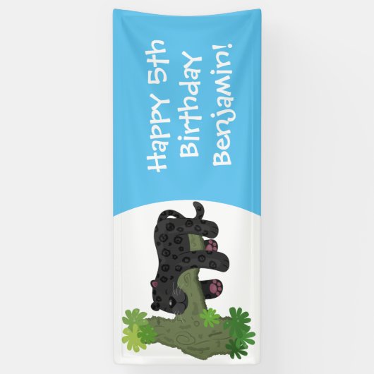 かわいいジャガー黒ヒョウ猫の漫画イラストレーション 横断幕 (縦)