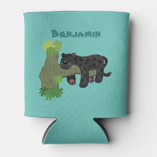 かわいいジャガー黒ヒョウ猫の漫画イラストレーション 缶クーラー (正面)