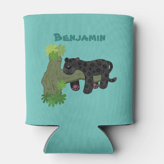 かわいいジャガー黒ヒョウ猫の漫画イラストレーション 缶クーラー (裏面)