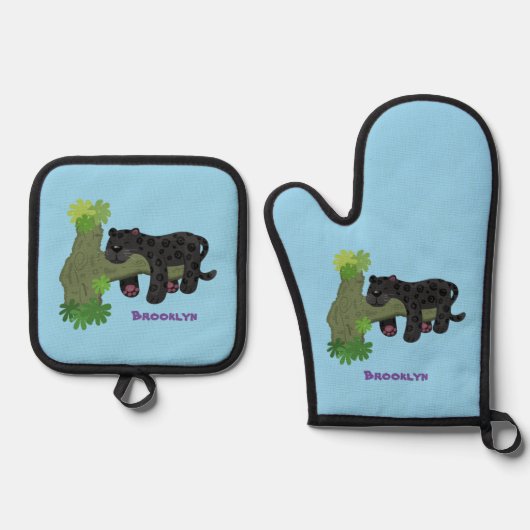 かわいいジャガー黒ヒョウ猫の漫画イラストレーション 鍋つかみ&鍋敷きセット (正面)