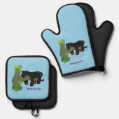 かわいいジャガー黒ヒョウ猫の漫画イラストレーション 鍋つかみ&鍋敷きセット (正面/裏面)