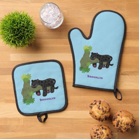 かわいいジャガー黒ヒョウ猫の漫画イラストレーション 鍋つかみ&鍋敷きセット (トップダウン)