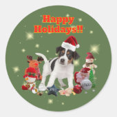 かわいいジャックラッセルテリアとおもちゃ ハッピーホリデー♡ ラウンドシール (正面)