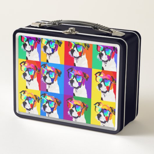 かわいいジャックラッセルテリアポップ・アートのズスタイル メタルランチボックス (正面)