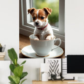 かわいいジャックラッセル子犬のティーカップアート ポスター (ホームオフィス)