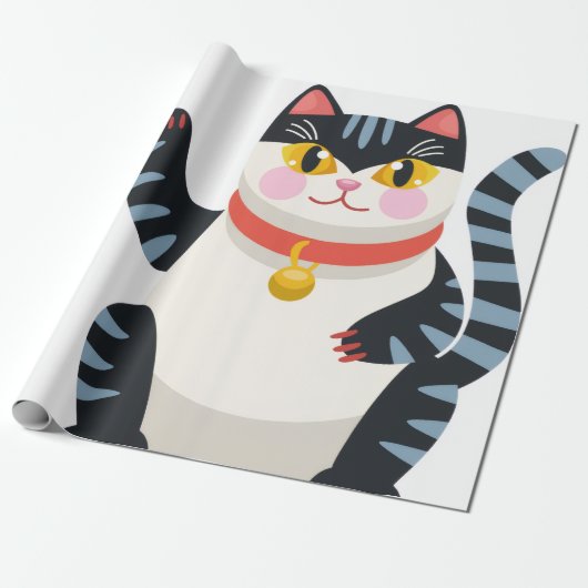 かわいいジャパニーズ風猫の包装紙  ラッピングペーパー (アンロールド)
