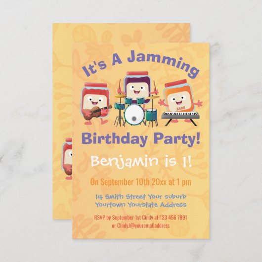 かわいいジャムセッションミュージシャン漫画の誕生日 招待状 (正面/裏面)