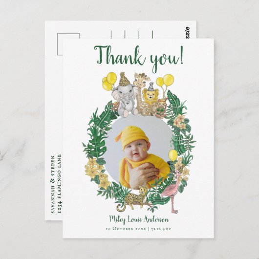 かわいいジャングルのサファリ動物たちのベビーシャワーありがとう  ポストカード (正面/裏面)