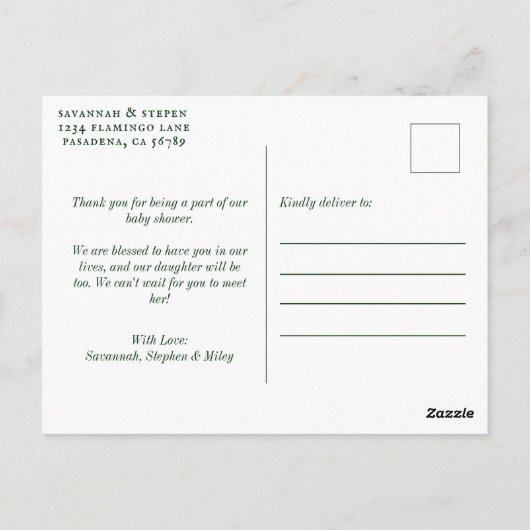 かわいいジャングルのサファリ動物たちのベビーシャワーありがとう ポストカード (裏面)