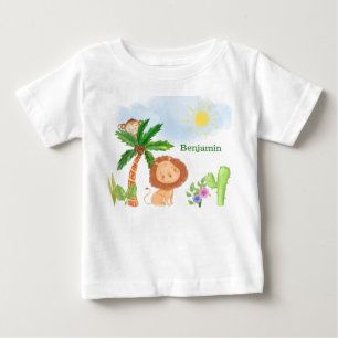 かわいいジャングルのライオンとサル ベビーTシャツ