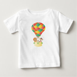 かわいいジャングルの動物が熱気球でカラフル飛ぶ ベビーTシャツ