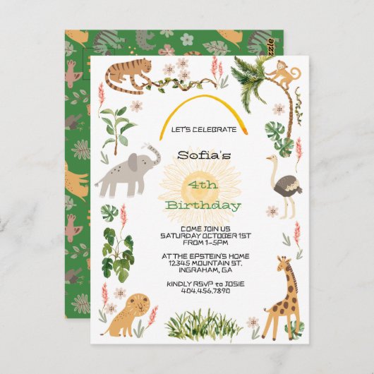 かわいいジャングルの動物の誕生日 ポストカード (正面/裏面)