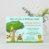 かわいいジャングルの動物園動物の草の男の子の誕生会 招待状 (スタンド正面)