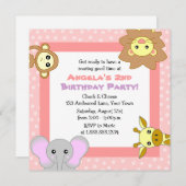 かわいいジャングルの動物 ピンクの子供の誕生日招待状 招待状 (正面/裏面)