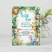 かわいいジャングルの動物、ワイルドワン、子供の1歳の誕生日 招待状 (スタンド正面)
