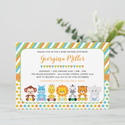 . . .かわいいジャングルの幼獣サファリのベビーシャワー 招待状 (スタンド正面)