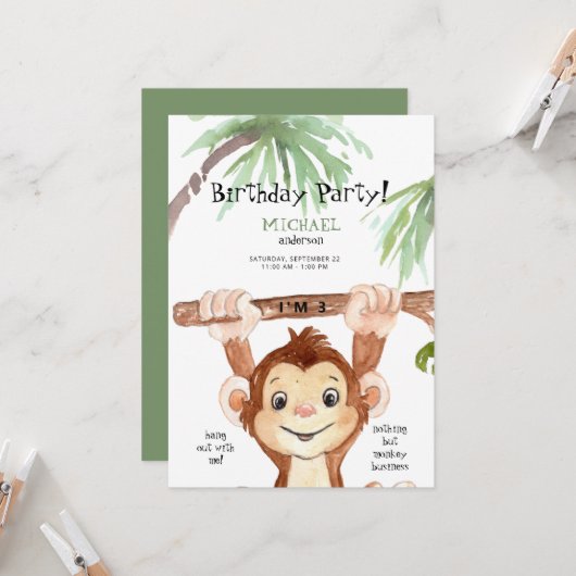 かわいいジャングルの猿の男の子の誕生日パーティー 招待状 (正面/裏面インサイチュ)