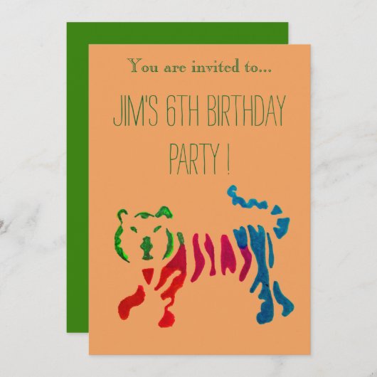 かわいいジャングルの虎のイラストを使った男の子の誕生日パーティー 招待状 (正面/裏面)