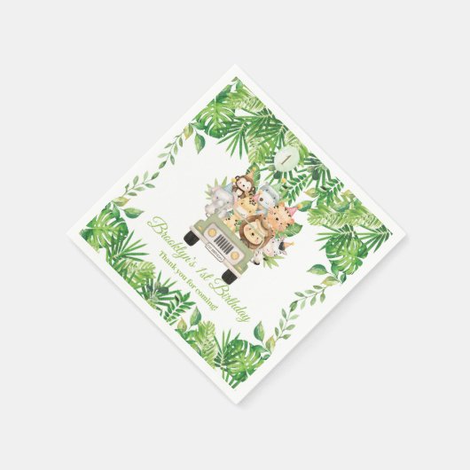 かわいいジャングルアニマルズサファリアドベンチャーカー誕生日 スタンダードカクテルナプキン (角)