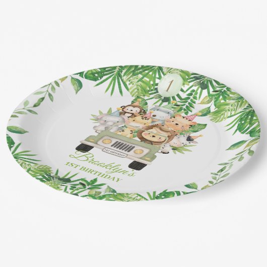 かわいいジャングルアニマルズサファリアドベンチャーカー誕生日 ペーパープレート (アングル)