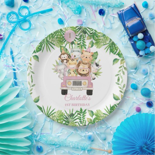 かわいいジャングルアニマルズサファリアドベンチャーカー誕生日 ペーパープレート (パーティー)