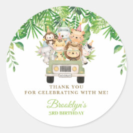 かわいいジャングルアニマルズサファリカー誕生日のお願い ラウンドシール