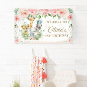 かわいいジャングルアニマルズサファリピンクフローラ背景 横断幕 (インサイチュ)