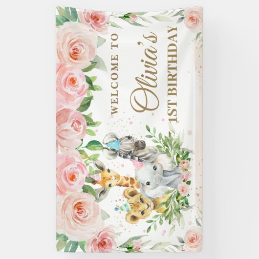 かわいいジャングルアニマルズサファリピンクフローラ背景 横断幕 (縦)