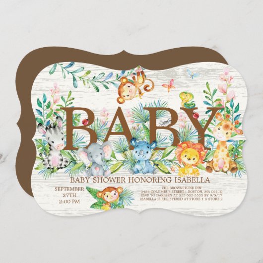 かわいいジャングルアニマルニュートラルベビーシャワー招待状 招待状 (正面/裏面)