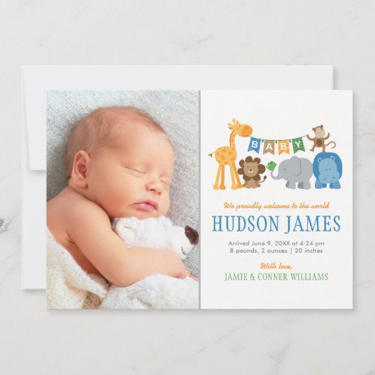 かわいいジャングルアニマル男の赤ちゃんブルーフォト誕生 案内状 (正面)