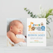 かわいいジャングルアニマル男の赤ちゃんブルーフォト誕生 案内状 (スタンド正面)