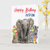 かわいいジャングルアニマル誕生日 パーソナライズされた カード (黄色い花)