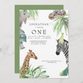 かわいいジャングルアニマル1歳の誕生日パーティー 招待状 (正面/裏面)