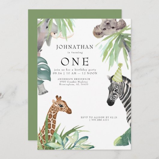 かわいいジャングルアニマル1歳の誕生日パーティー 招待状 (正面/裏面)