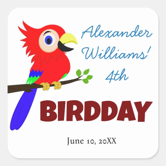 かわいいジャングルオウムの鳥の子どもの誕生日パーティー スクエアシール (正面)