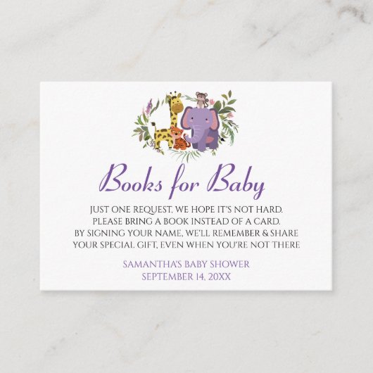 かわいいジャングルサファリでブックカードを持ち込むベビーシャワー エンクロージャーカード (正面)
