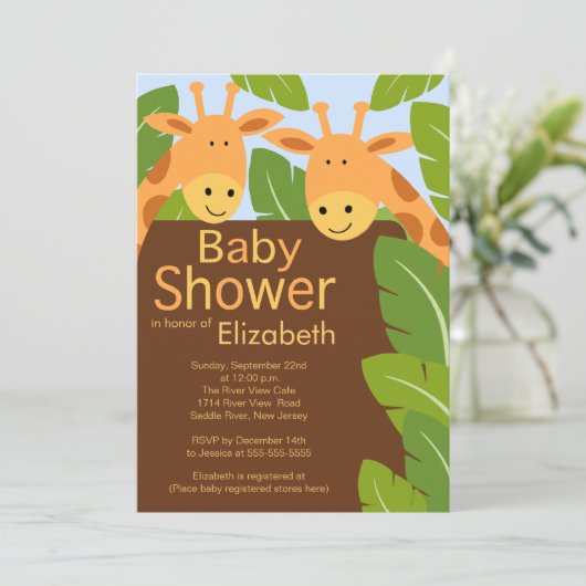 かわいいジャングルサファリのキリンの多数のベビーシャワー 招待状 (スタンド正面)