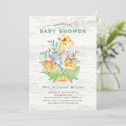 かわいいジャングルサファリの動物ベビーシャワー招待状 招待状 (スタンド正面)