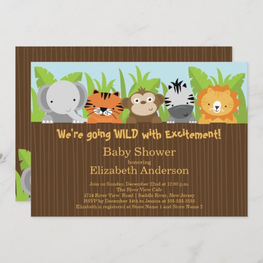 かわいいジャングルサファリの動物ベビーシャワー招待状 招待状 (正面/裏面)