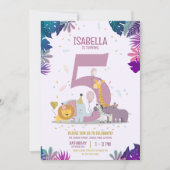 かわいいジャングルサファリアニマルガールズ誕生日 招待状 (正面)