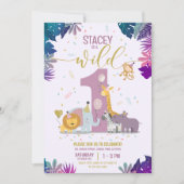かわいいジャングルサファリアニマルガールワイルドワン誕生日 招待状 (正面)